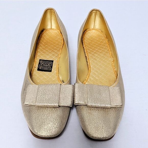 Vintage DANIEL GREEN Gold Sparkle Bow Low Heels 7 - Picture 5 of 9